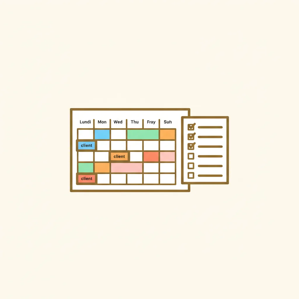 Un planning hebdomadaire avec des blocs colorés par client et une checklist à cases cochées, illustrant les templates fournis par Freelance Zen
